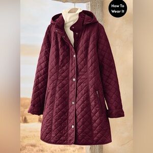 Coldwater Creek Quilted Hooded Car Coat in Mauve Plum